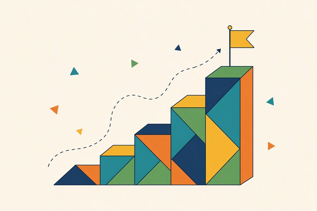 Illustration : un escalier de facettes tangram qui monte vers un drapeau