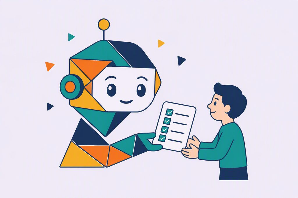 Illustration : un robot amical en facettes tangram remettant une liste structurée