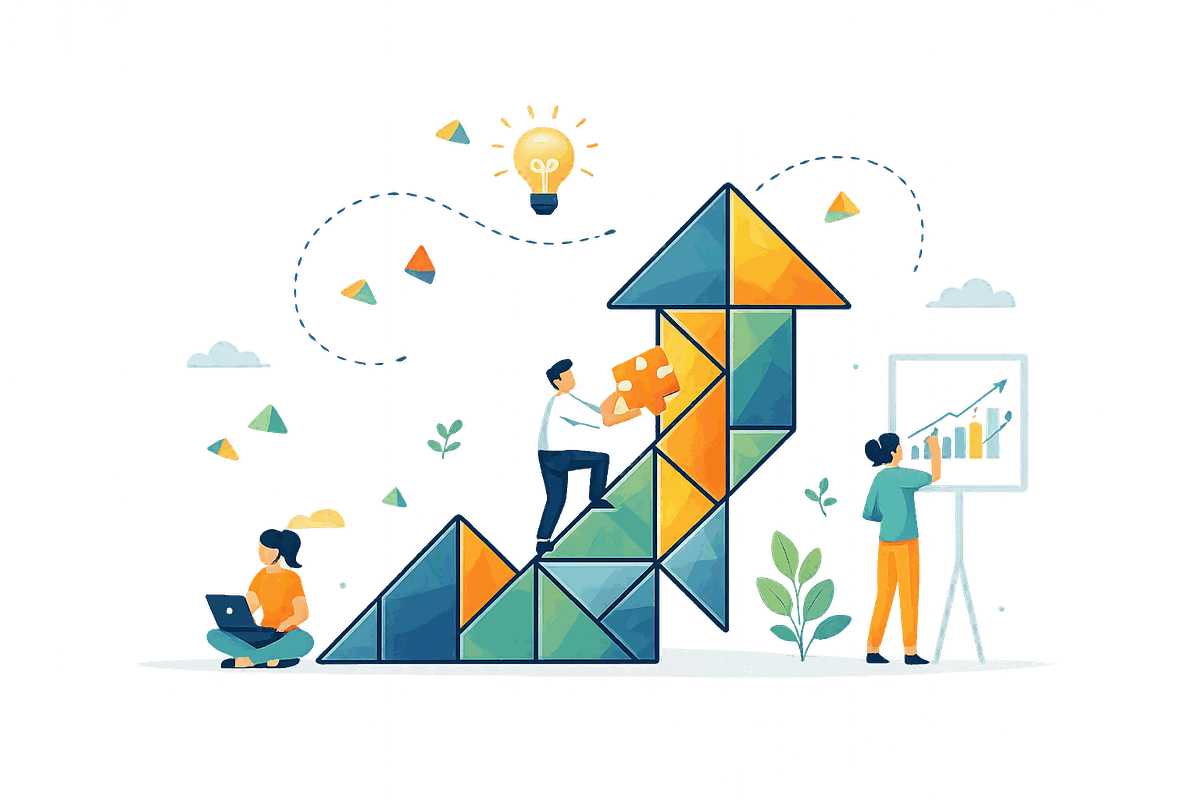 Illustration : des personnes construisent ensemble une grande flèche en facettes tangram colorées, symbole de progression entrepreneuriale