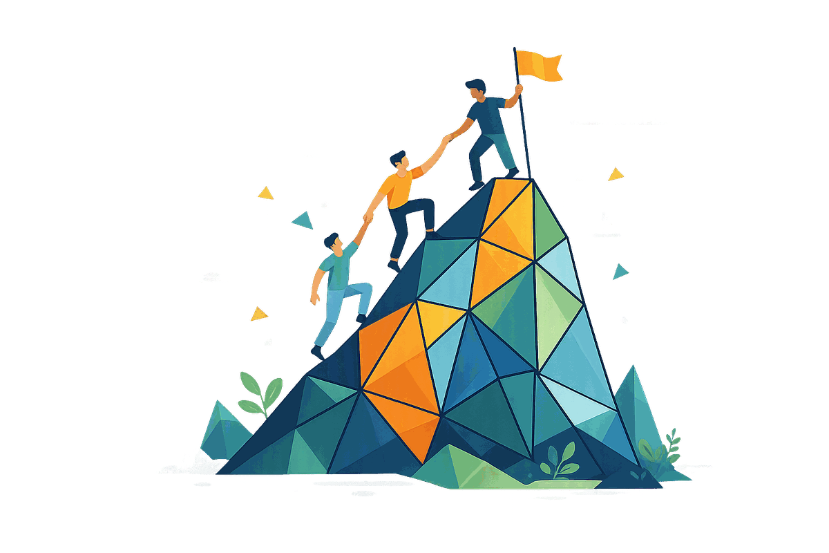 Illustration : trois personnes s'entraident pour gravir une montagne en facettes tangram, au sommet un drapeau doré